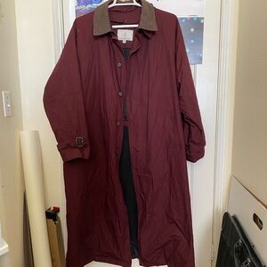 Burgundy London Fog Trench Coat with Detachable Leather Collar